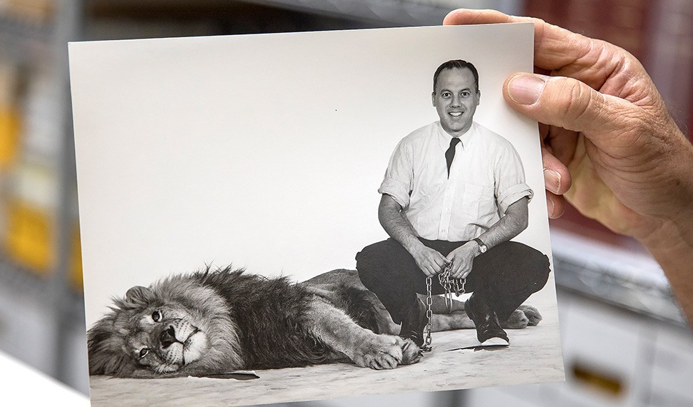 Devik Wiener holds a photo of his father photojournalist Leigh Wiener in his heyday with a tame lion.