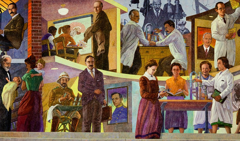 The extensive contributions to medical learning, research and practice by men and women in Jewish history are featured in Terry Schoonhoven's unusual mural.
