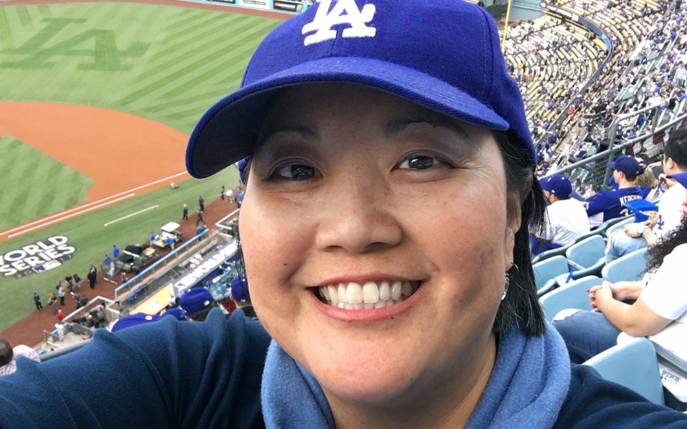Physical therapist Jodi Hirata at a Dodgers World Series game.