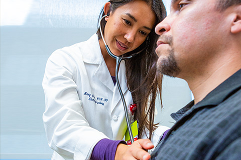 Cedars-Sinai cardiac arrhythmia Nurse Practitioner Mary Leier with a patient.