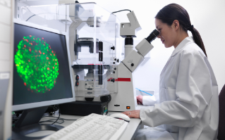 Researcher looking in a microscope.