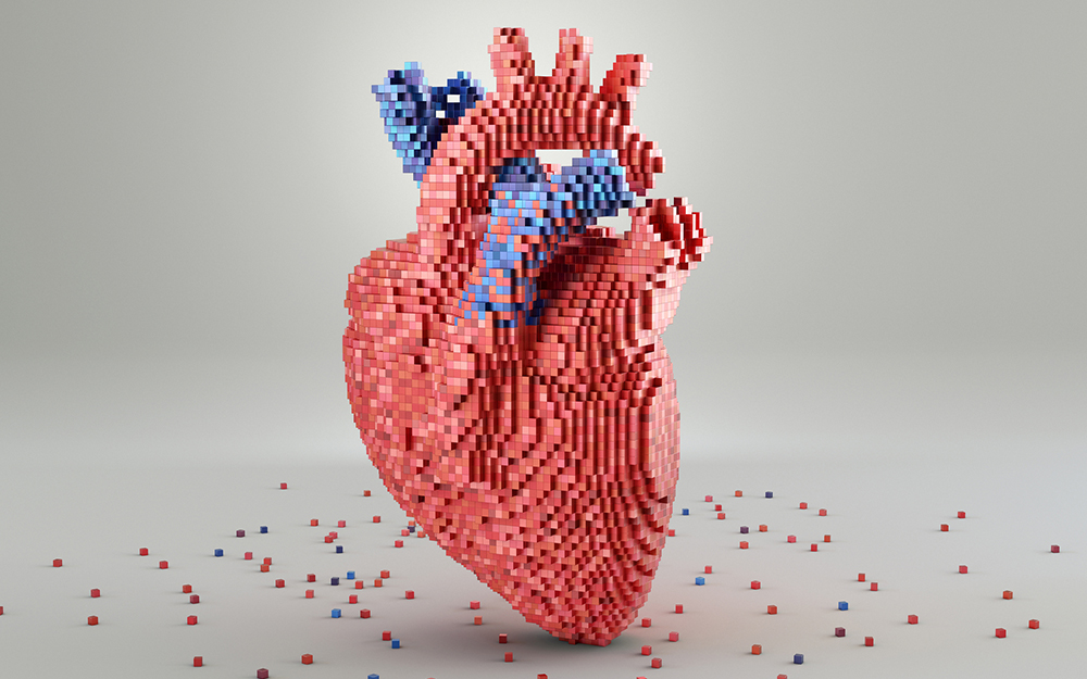 A conceptual image of a 3D model of a heart made from small multi-toned red and blue blocks