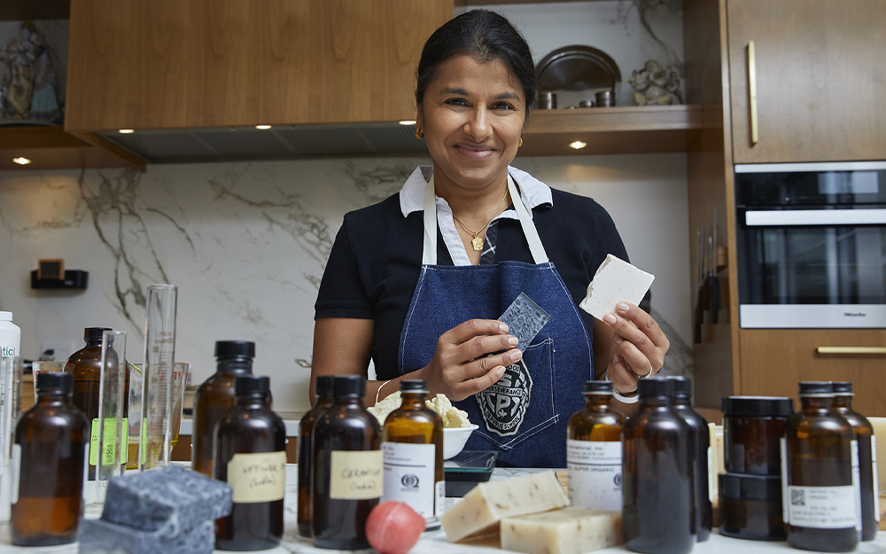 Dr. Ruchira Garg making soaps, facial oils, and lip balms.