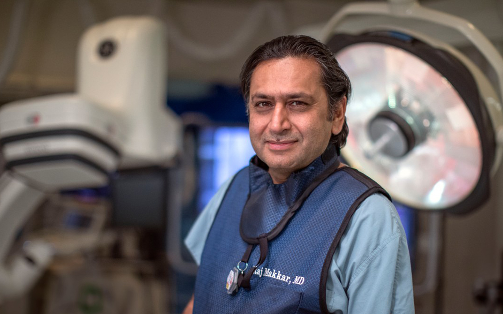 Raj Makkar, MD, vice president of Cardiovascular Innovation and Intervention at Cedars-Sinai, is at home in the Smidt Heart Institute Cardiac Catheterization Laboratory. 