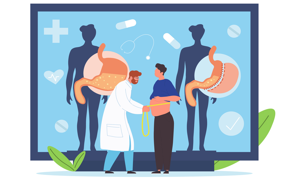 An illustration of a doctor checking a patient for gastric bypass surgery.