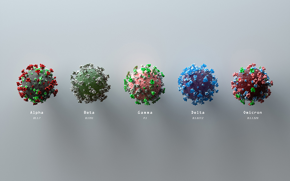 Digital generated image of different variants of COVID-19 cells against gray background