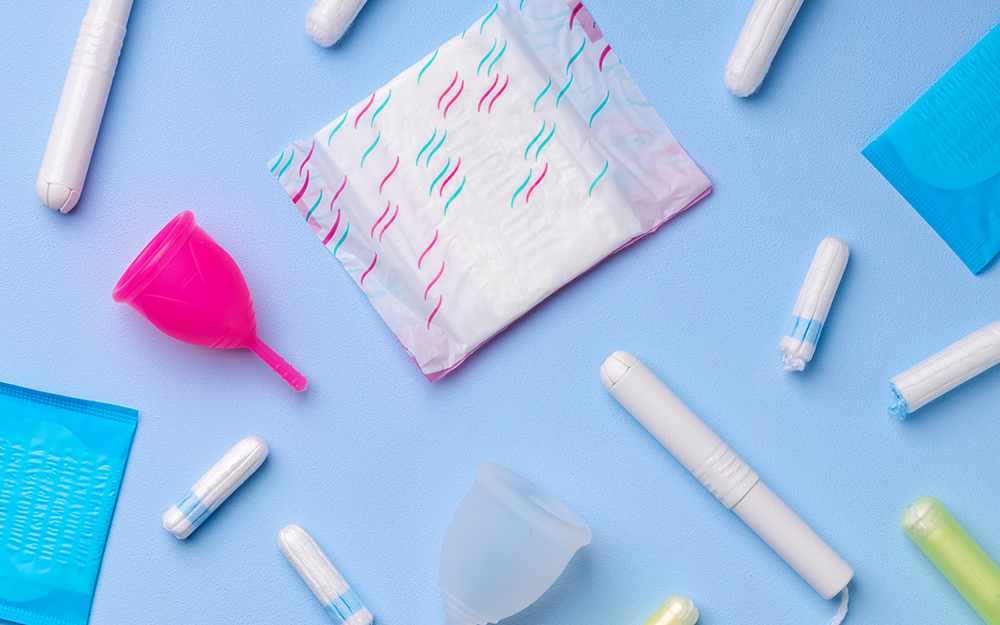 Menstrual hygiene products including cup, pads and tampon top view