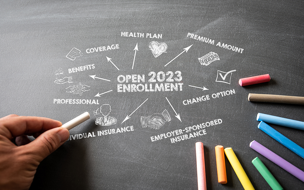 Open enrollment information on a chalkboard