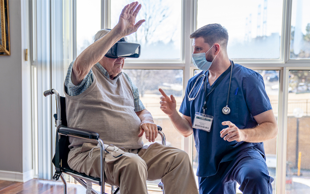 On older male patient using virtual reality in his healthcare journey.