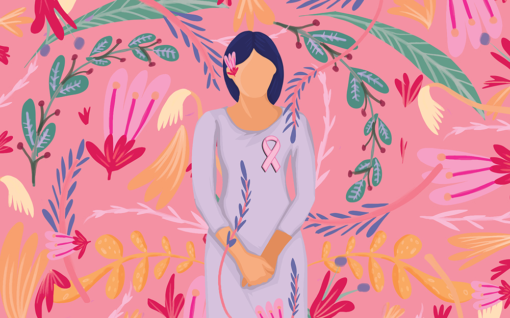 Illustration of a woman wearing a pink ribbon