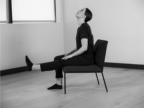 Woman sitting up tall in a chair with feet flat on the floor. Maintain the good posture as you extend one leg straight out and flex her foot.