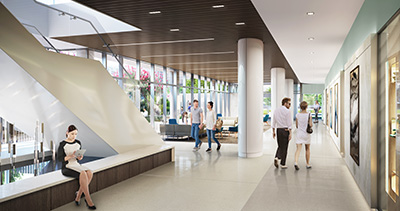 Rendering of a lobby interior.