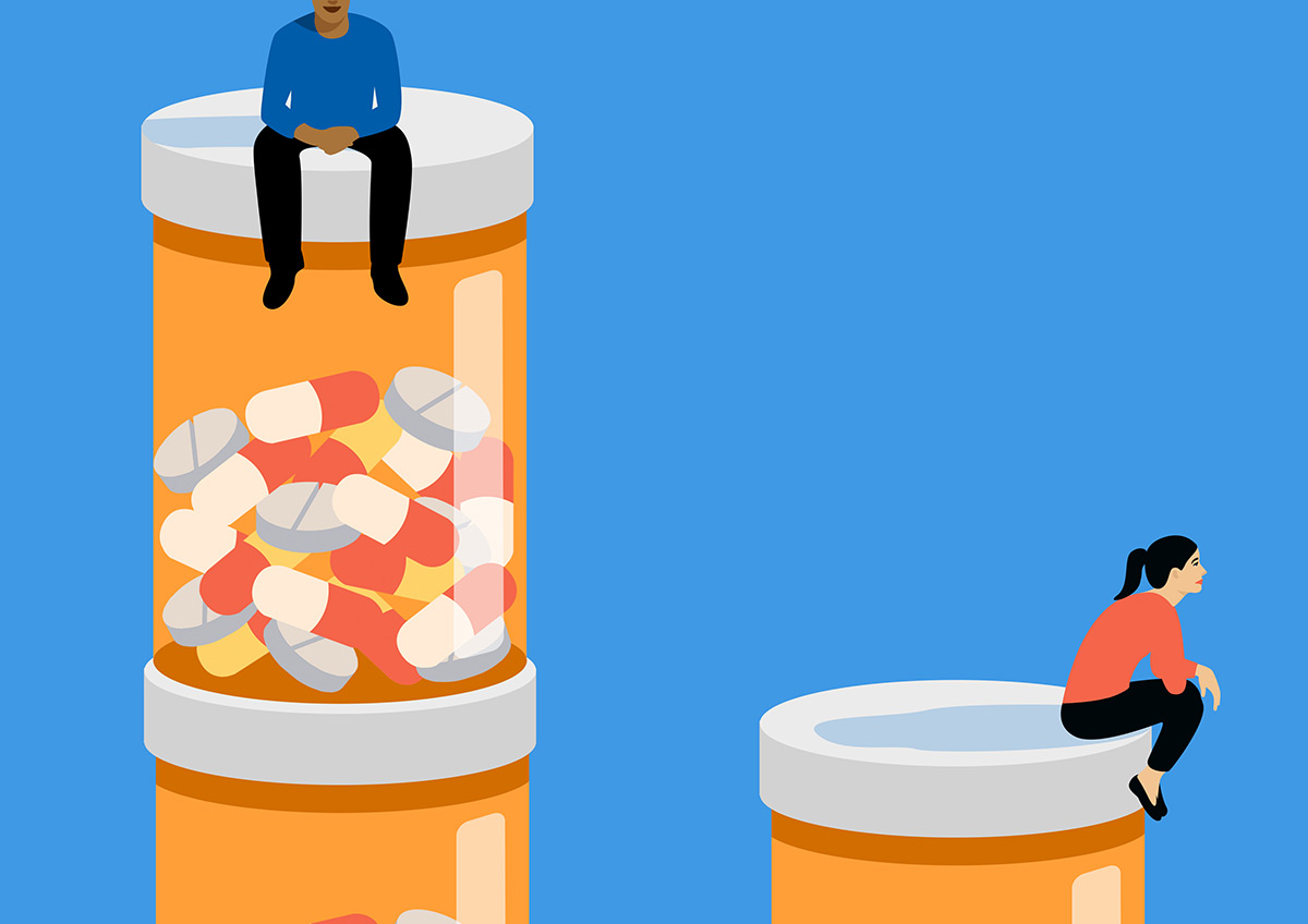 An illustration of a man and a woman sitting on pill bottles at different heights.