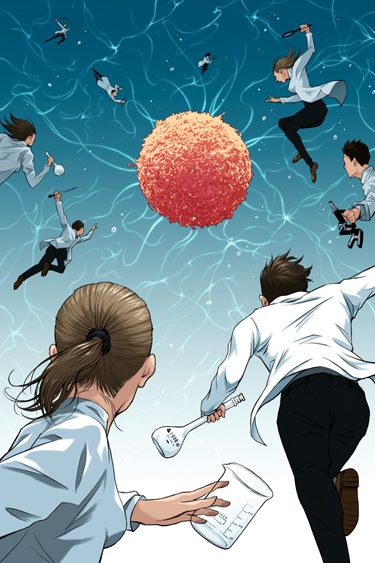 Illustration of a group of people running towards a cell by Yuta Onoda.