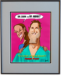 Caricature of Dr. Zahn with patient Cheryl Davis