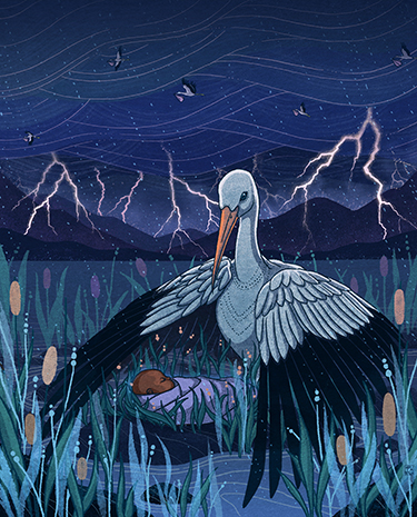 Illustration of a stork with baby during lightning storm.