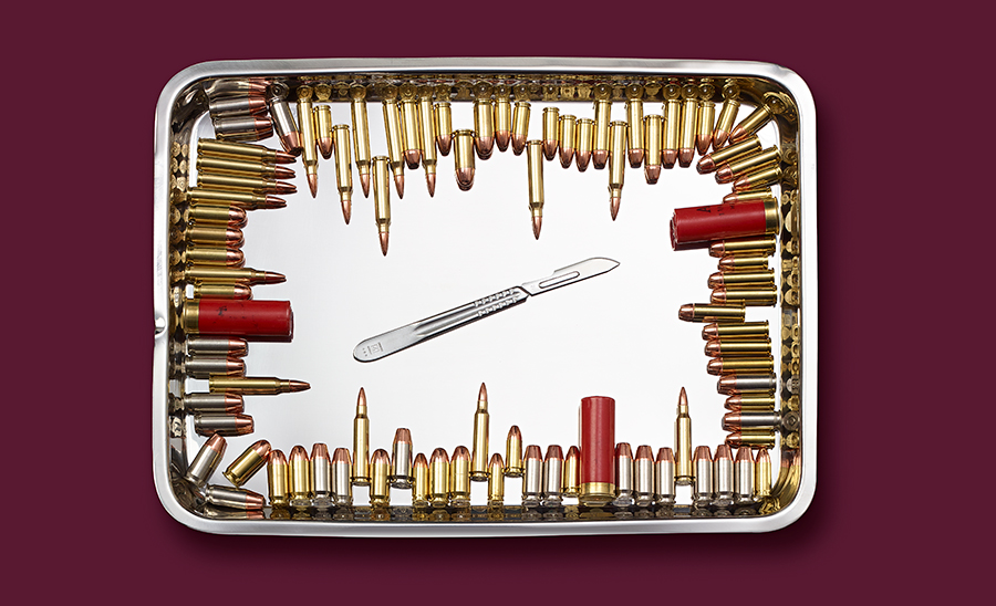 Medical tray with scalpel and bullets