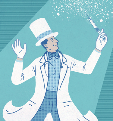 Magician holding syringe.
