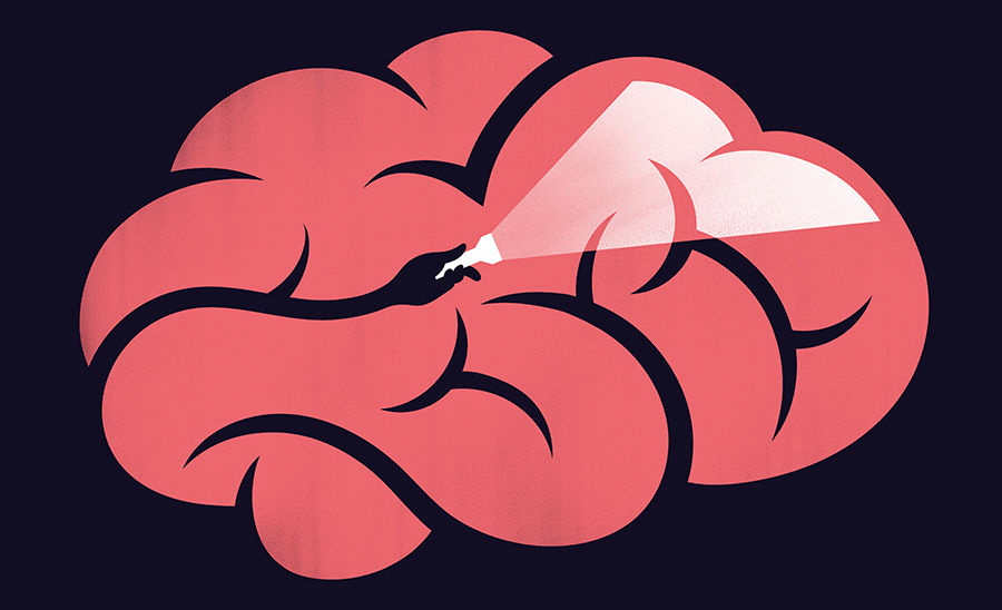 Illustration of a brain with a flashlight by Giulio Bonasera.