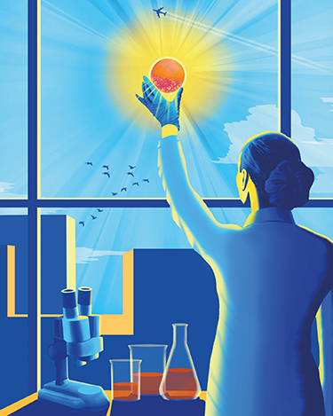 Illustration of a researcher reaching for the sun by Mirko Cresta.