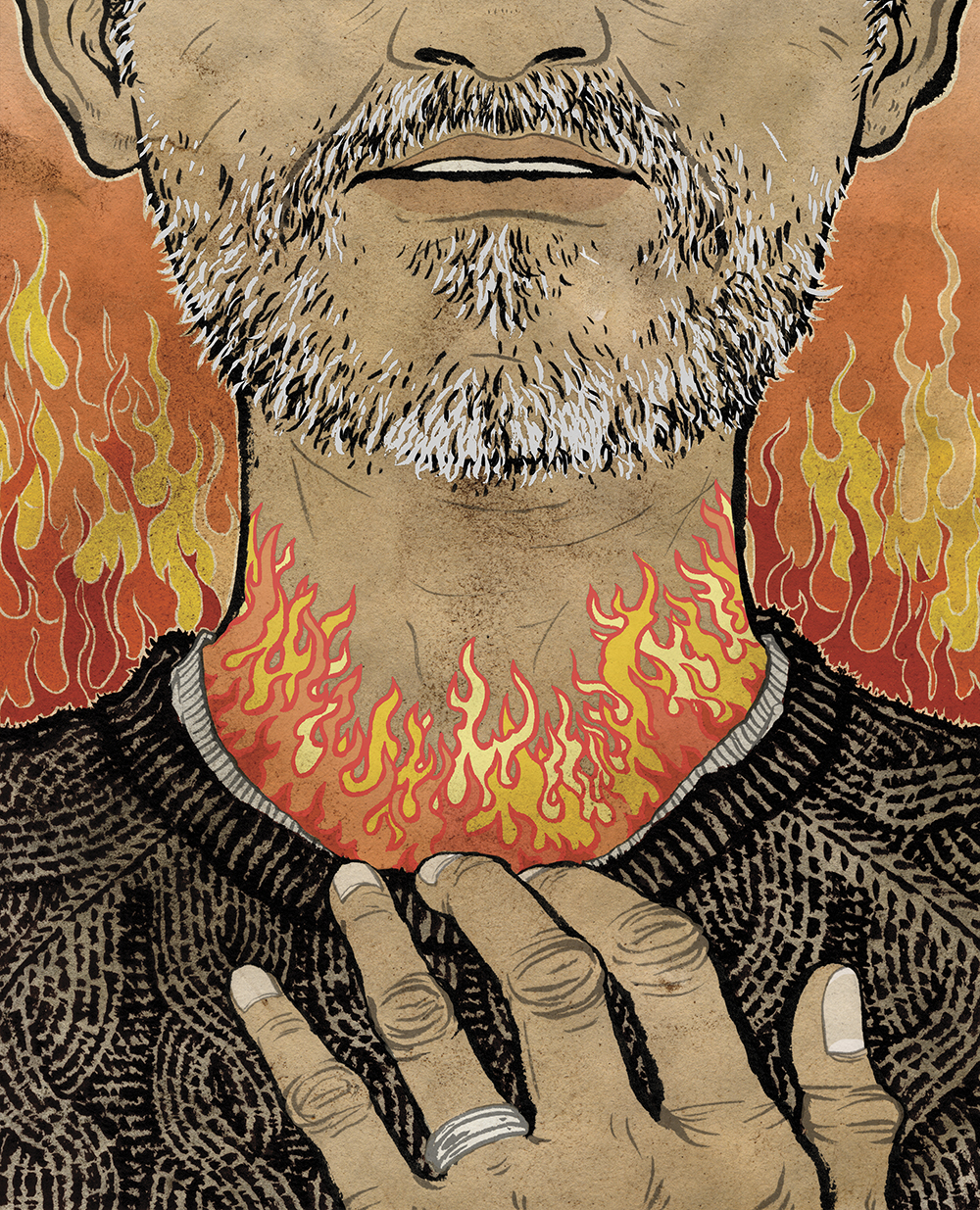 An illustration of a middle-aged man who's throat feels like it's on fire, an early symptom of throat cancer after being exposed to HPV.