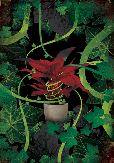 Illustration of a plant with green leaves around it by LJ Davids.