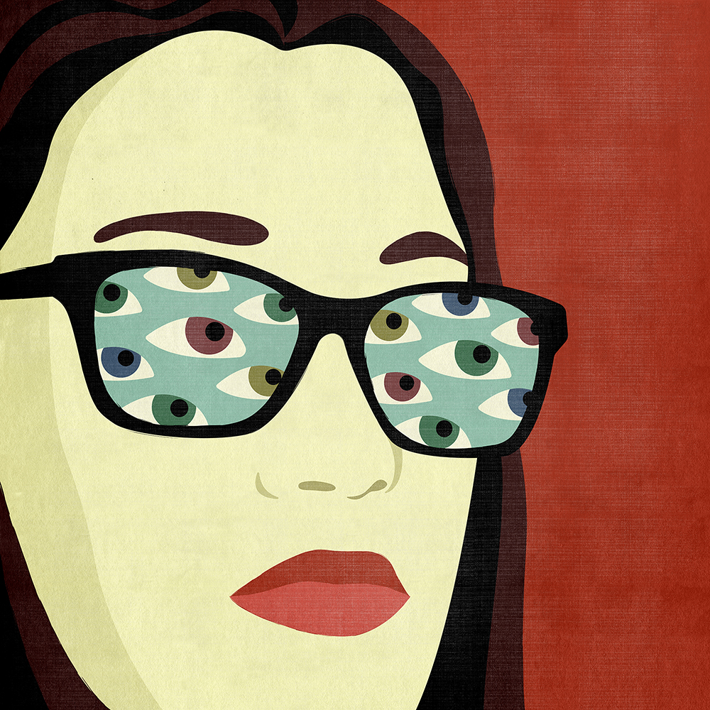 An illustration of a woman wearing sunglasses reflecting many different ytpes of eye colors.