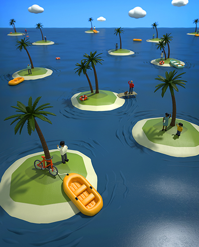 Illustration of a bunch of islands with a person on each island.