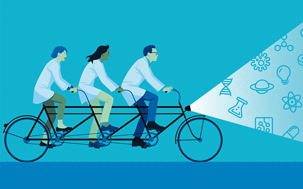An illustration of doctors on a bicycle working together to make discoveries.