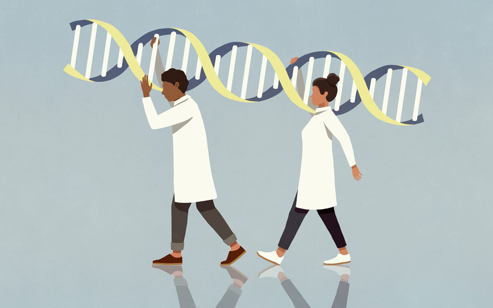 Illustration of doctors carrying a DNA strand.