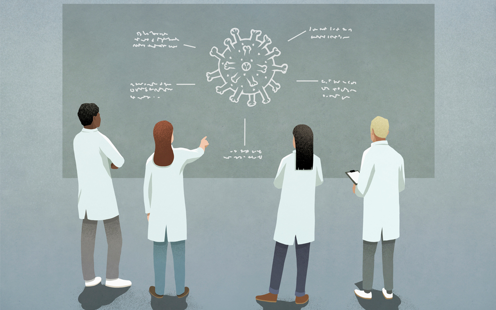 An illustration of scientists looking for predictive models for COVID-19.