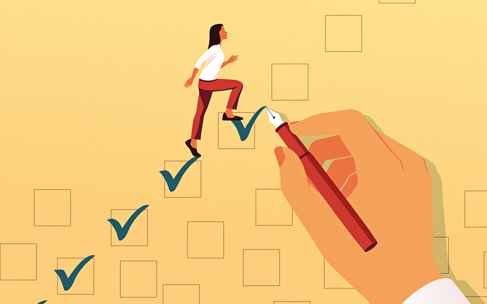 An illustration of a woman climbing checkmarks like steps to show the research publication process.