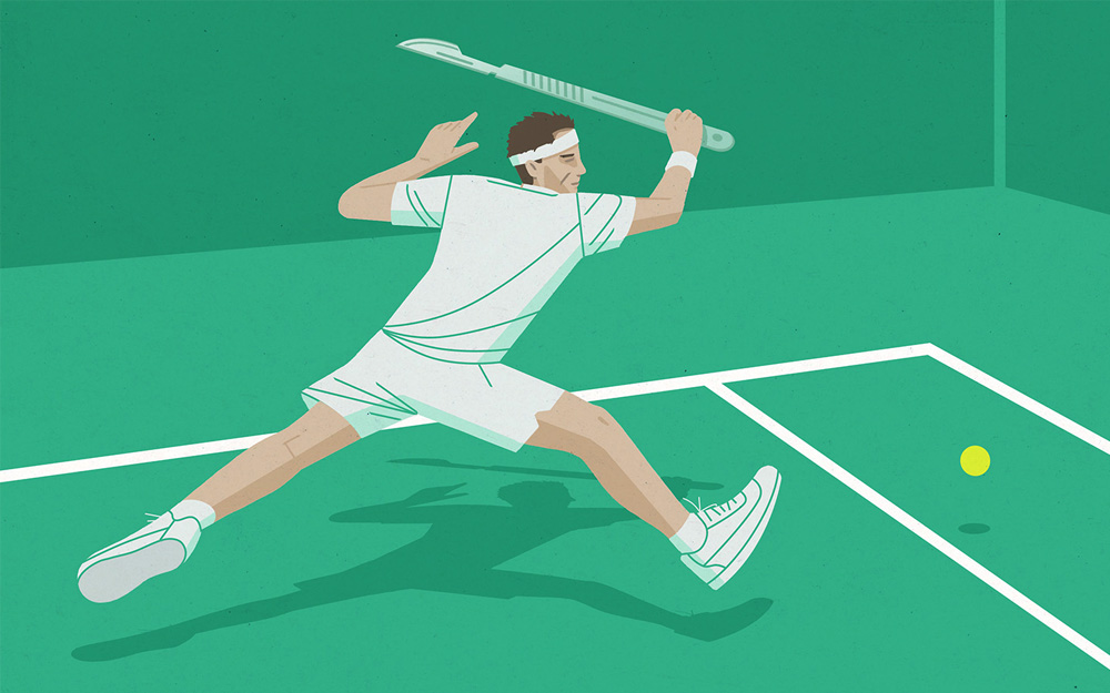 An illustration of a surgeon training like a tennis player.