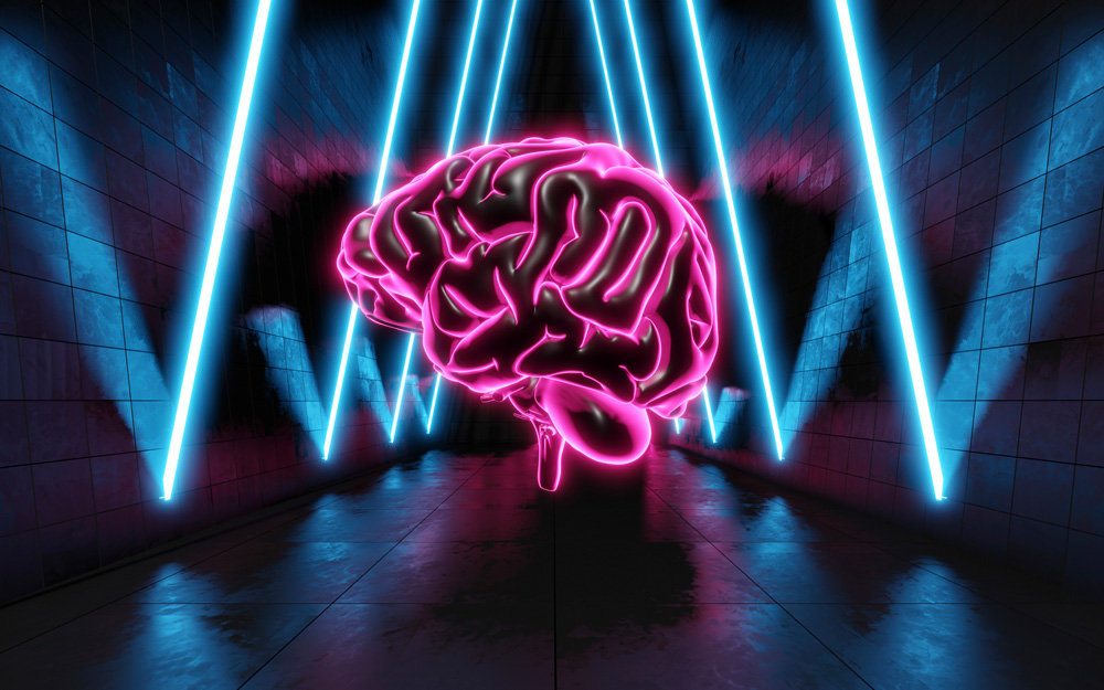 A photo illustration of a neon brain to show Intracranial artery stenosis success.