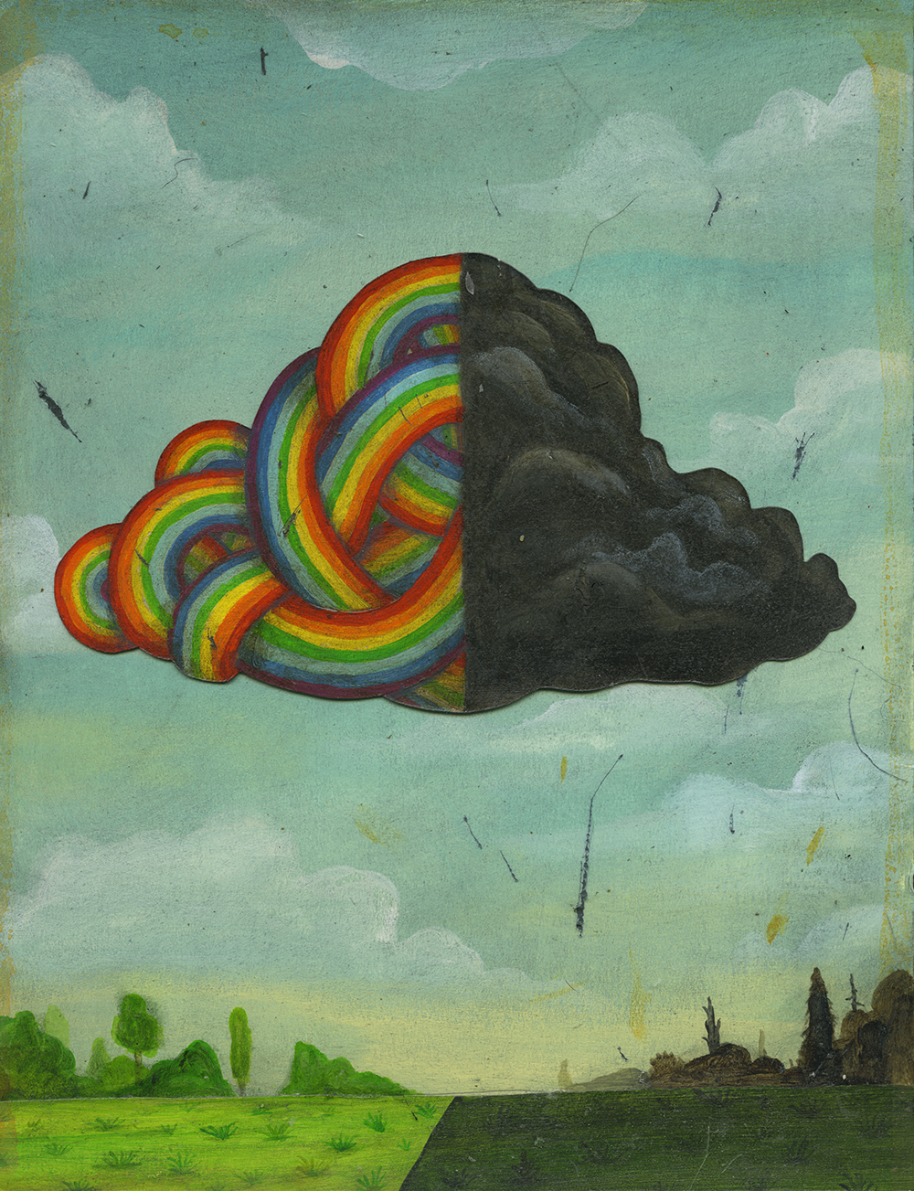 An illustration of a cloud and rainbow twisting together above a landscape showing the complexity of inflammation.