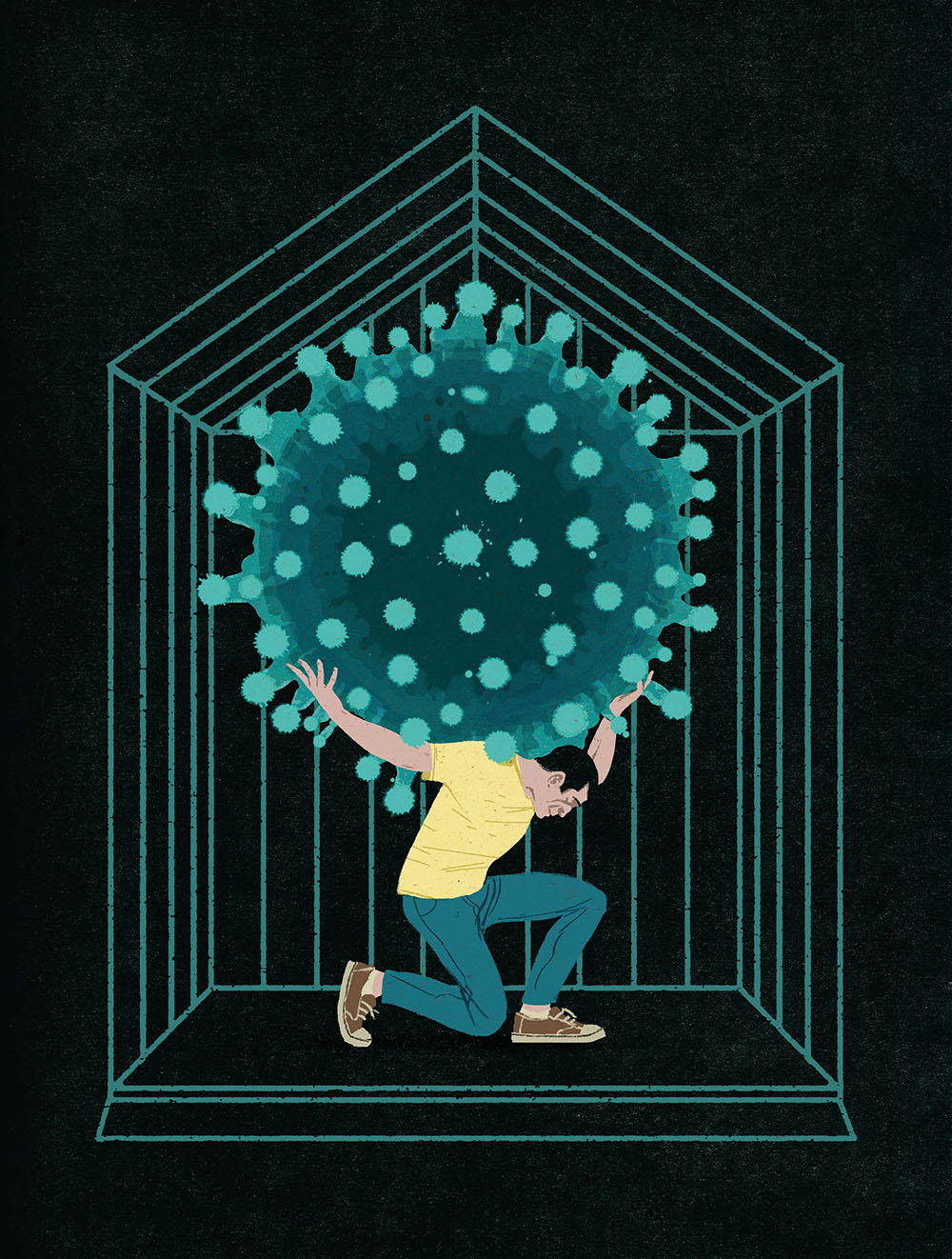 An illustration of a man holding a large COVID-19 molecule.