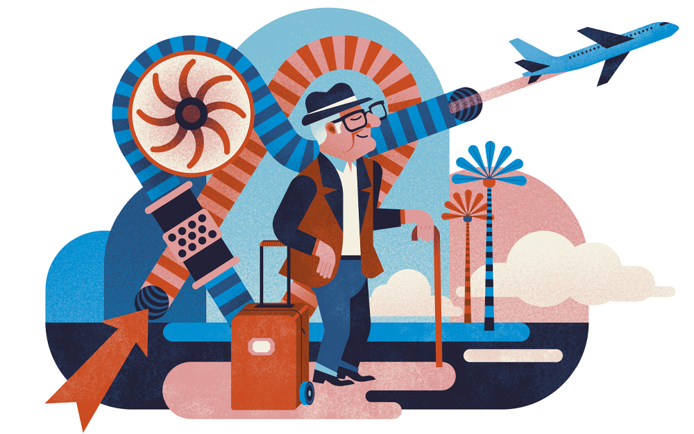 An illustration of an older man with a mechanical heart going on a trip.