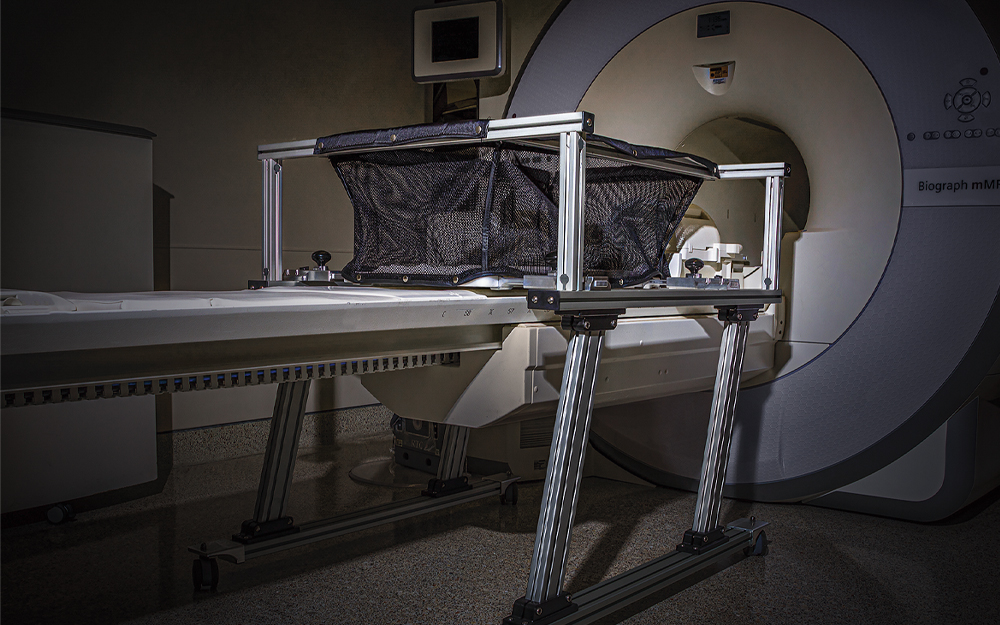 An MRI-compatible crib designed by Cedars-Sinai researcher Wei Gao, PhD and team