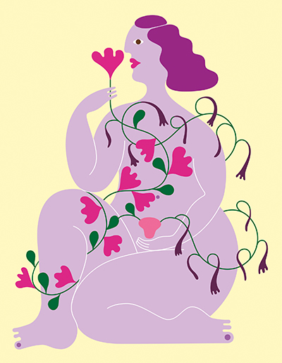 A cubist style illustration of a woman wrapped in vines and flowers.