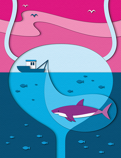 An illustration by Zara Picken depicting a boat catching a shark representing new research at Cedars-Sinai on reducing the risk of bladder cancer recurrence.