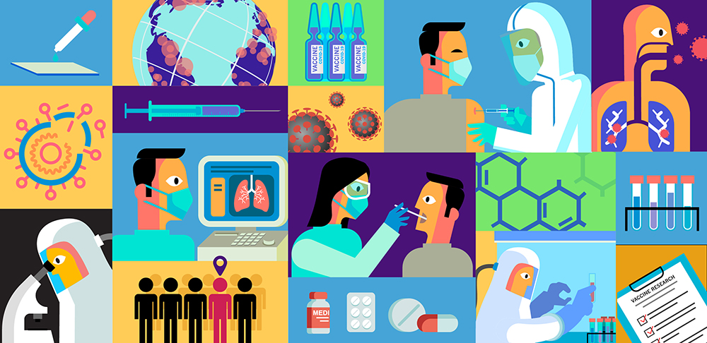 An illustration of the doctors and pharmacists tracking patients for adverse reactions to COVID-19 vaccines.