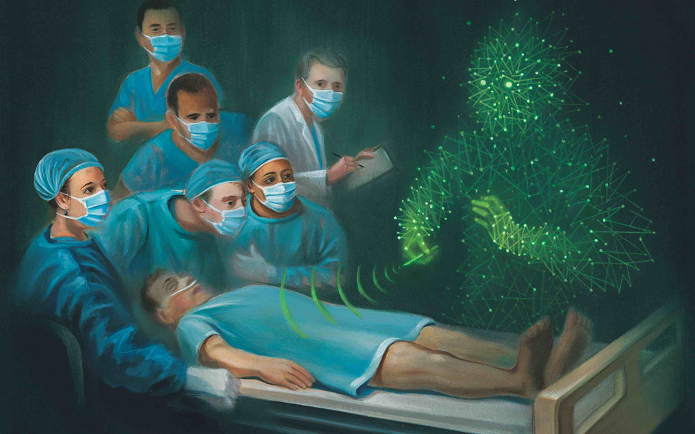 An illustration of doctors working with AI to diagnosis and treat a patient.