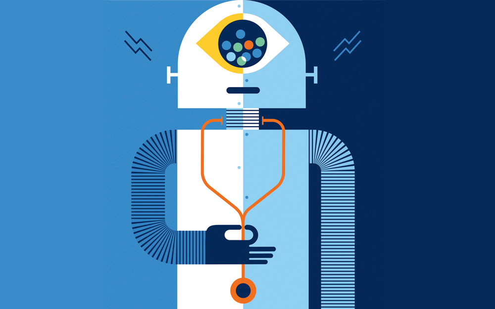 An illustration of a robot holding a stethoscope.