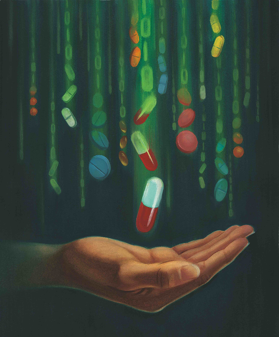 An illustration of a hand catching falling pills with data trails.