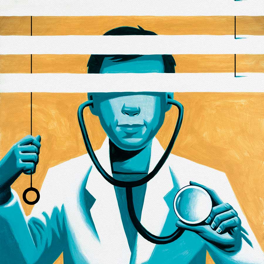 Graphic of a male doctor behind blinds