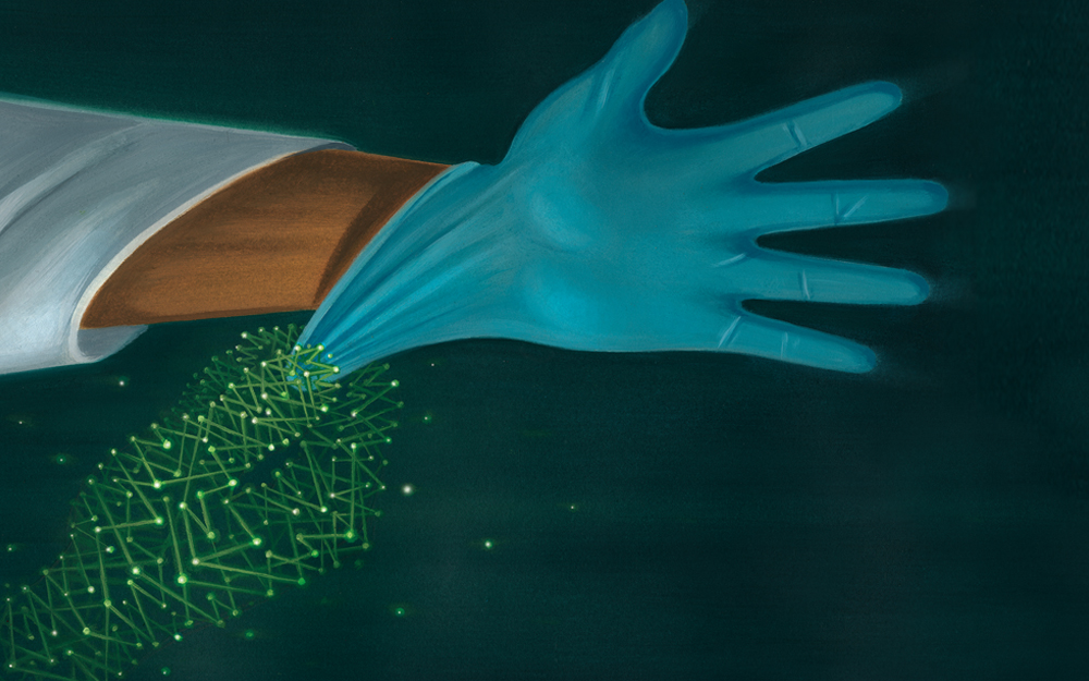 A glove being pulled onto a hand by a cloud of data points.