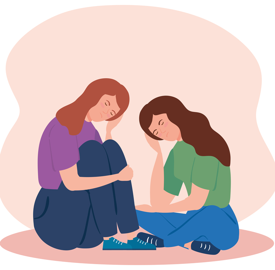 Illustration of women sitting in floor with stress attack