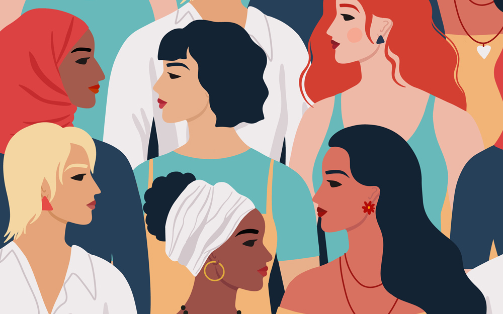 A digital illustration of women from a variety of backgrounds and ethnicities.