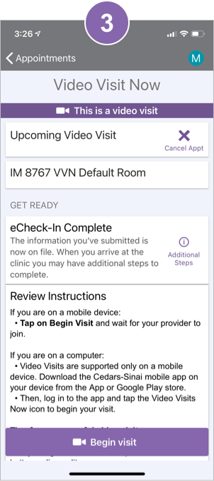 Cedars-Sinai Virtual Visit Now mobile screen