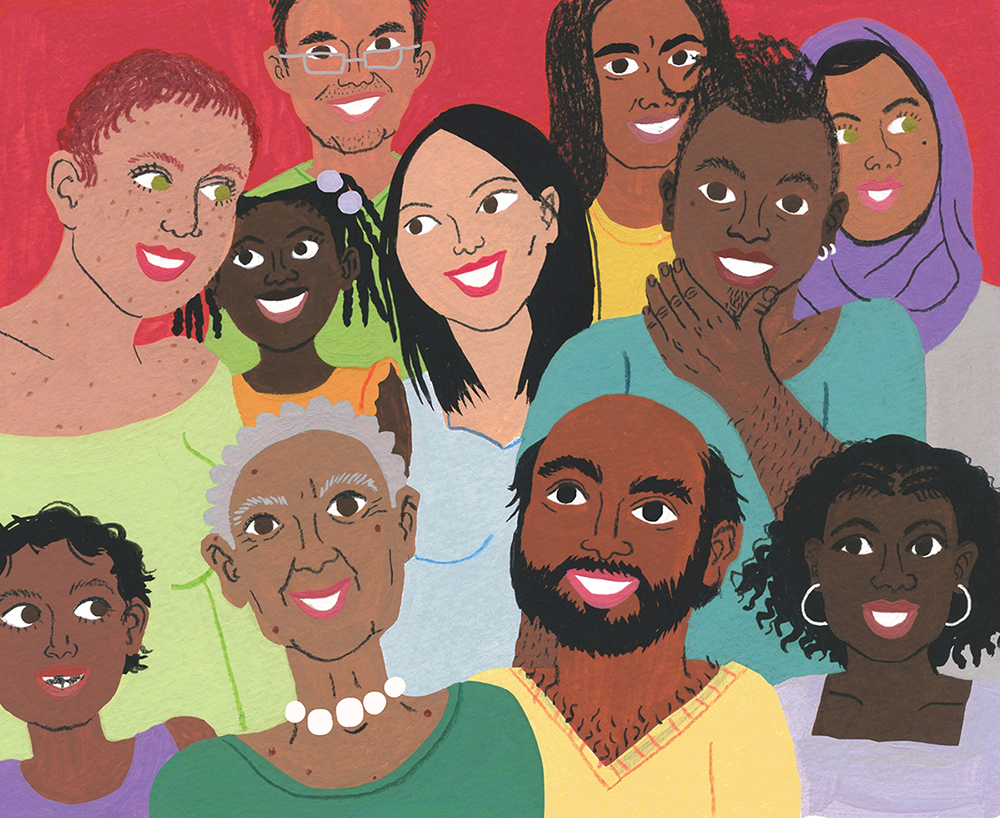 Art piece with people of color all color.